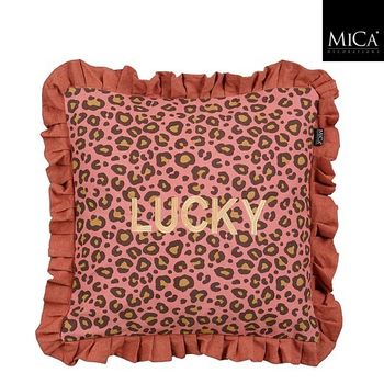 Dekokissen Leopard Lucky mit Rüschen rosa 45 x 45 cm Quadratisches Kissen mit Leomuster in Rosa und Braun, Schriftzug LUCKY und rosa Rüschenrand