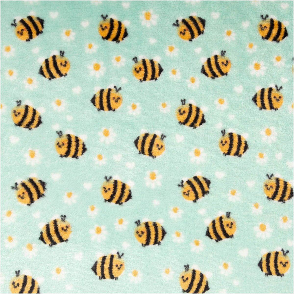 mintfarbener Fleece mit gelben Bienen und weißen Blumen, Motivstoff, Nahaufnahme