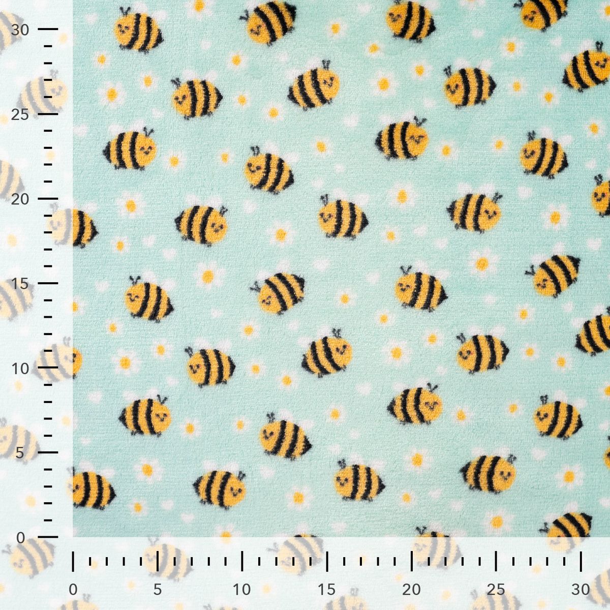 Fleece Stoff mit Bienen und Gänseblümchen auf Mint – Polarfleece Digitaldruck 155 cm, mit Maßband zur Größeneinschätzung