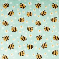 mintfarbener Fleece mit gelben Bienen und weißen Blumen, Motivstoff, Nahaufnahme