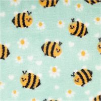 hellgrüner Polarfleece mit Bienen und weißen Blüten, Stoffdetail, weiche Oberfläche