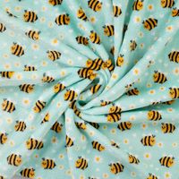 Fleece Stoff mit Bienen und Gänseblümchen auf Mint – Polarfleece Digitaldruck 155 cm, gerafft