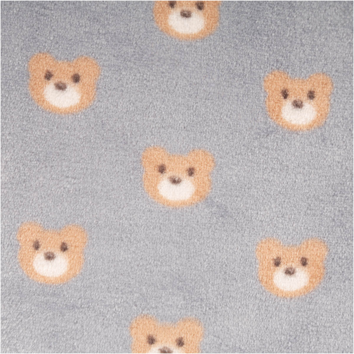 hellgrauer Polarfleece mit Teddybär-Motiv, weiche Oberfläche, bärige Gesichter gleichmäßig verteilt