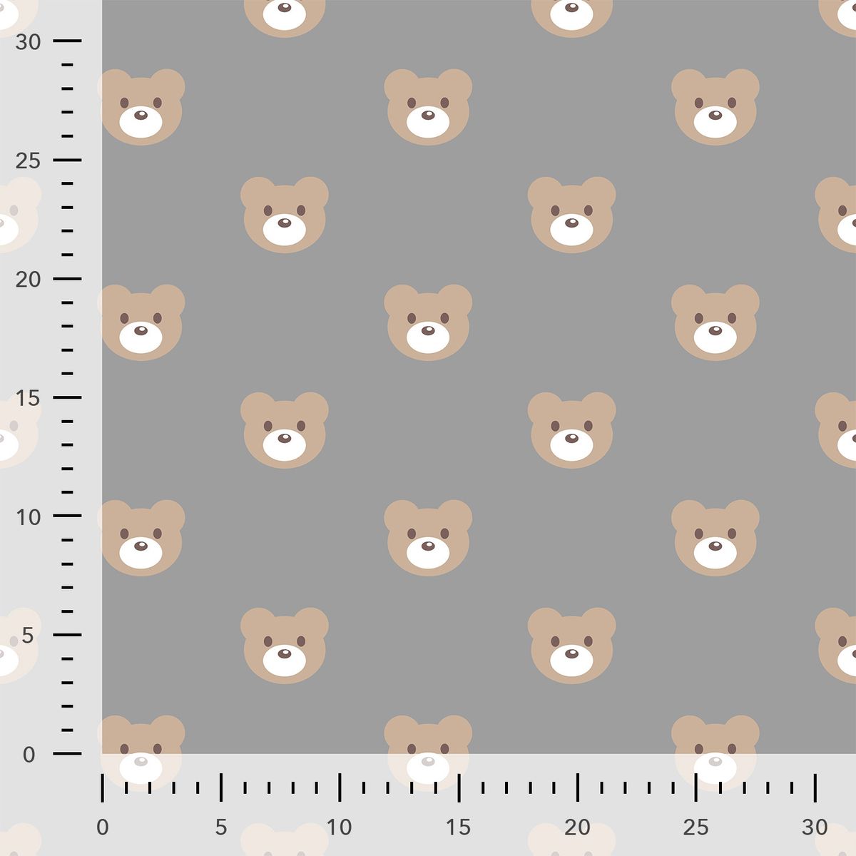 Fleece Stoff mit Teddybär-Köpfen auf Grau – Polarfleece Digitaldruck 155 cm, mit Maßband zur Größeneinschätzung