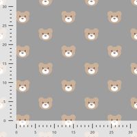 Fleece Stoff mit Teddybär-Köpfen auf Grau – Polarfleece Digitaldruck 155 cm, mit Maßband zur Größeneinschätzung
