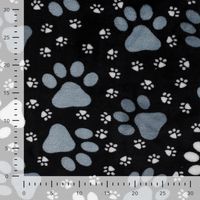 Fleece Stoff mit Pfoten in Grau und Weiß auf Schwarz – Polarfleece Digitaldruck 155 cm, mit Maßband zur Größeneinschätzung