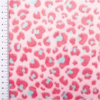 Polarfleece mit pinken Leopardenflecken und türkisfarbenen Details, Nahaufnahme mit Maßband am Rand