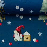 Stoffballen Sweatstoff Winterwonderland Wichtel jeansblau bunt, 150 cm breit, Meterware Stoffballen Sweatstoff Winterwonderland Wichtel jeansblau bunt, 150 cm breit, Meterware