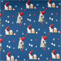Sweatstoff angeraut Winterwonderland Wichtel jeansblau bunt von Swafing 1,50m Breite Baumwoll-Sweatstoff in Jeansblau mit Wichteln, Schneeflocken und weißen Sternen als Allover-Muster