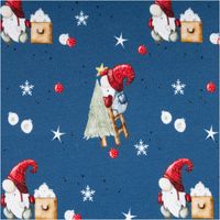 Sweatstoff angeraut Winterwonderland Wichtel jeansblau bunt von Swafing 1,50m Breite Winterlicher Sweatstoff in Blau mit bunten Wichteln, weißen Sternen und kleinen Schneeflocken als Muster