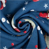 Sweatstoff angeraut Winterwonderland Wichtel jeansblau bunt von Swafing 1,50m Breite Jeansblauer Sweatstoff zur Spirale gedreht mit bunten Wichteln, Schneeflocken und Sternen als Muster