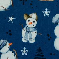 Detailansicht 10 cm: Schneemann-Motiv auf jeansblauem Sweat, 80 % Baumwolle, angeraute Innenseite Detailansicht 10 cm: Schneemann-Motiv auf jeansblauem Sweat, 80 % Baumwolle, angeraute Innenseite