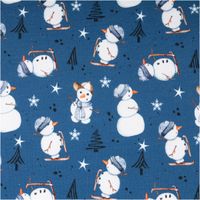 Sweatstoff angeraut Winterwonderland Schneemann jeansblau weiß von Swafing 1,50m Breite Sweatstoff mit Schneemann- und Wintermotiven auf jeansblauem Grund, Muster mit weißen Schneeflocken und Bäumen