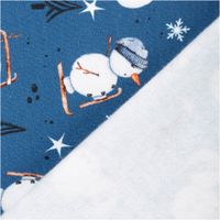 Sweatstoff angeraut Winterwonderland Schneemann jeansblau weiß von Swafing 1,50m Breite Nahaufnahme von angerautem Sweatstoff, jeansblau mit weißen Schneemännern und Schneeflocken, Rückseite sichtbar