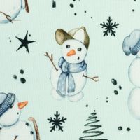 Detailansicht 10 cm: Schneemann-Motiv auf hellmintfarbenem Sweat, 80 % Baumwolle, angeraute Innenseite Detailansicht 10 cm: Schneemann-Motiv auf hellmintfarbenem Sweat, 80 % Baumwolle, angeraute Innenseite