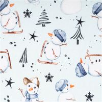 Sweatstoff angeraut Winterwonderland Schneemann hellmint weiß von Swafing 1,50m Breite Detailaufnahme von angerautem Sweatstoff mit Schneemann-Design und winterlichen Elementen auf hellmintfarbigem Hintergrund