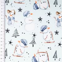 Sweatstoff angeraut Winterwonderland Schneemann hellmint weiß von Swafing 1,50m Breite Sweatstoff mit kindlichem Schneemann-Motiv und winterlichen Symbolen auf hellmint farbenem Grund, links Maßband