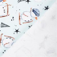Sweatstoff angeraut Winterwonderland Schneemann hellmint weiß von Swafing 1,50m Breite Vorder- und Rückseite von angerautem Sweatstoff mit Schneemann-Motiven auf hellmint, schräg gelegt