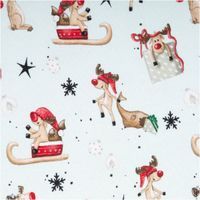 Sweatstoff angeraut Winterwonderland Rentiere hellmint bunt von Swafing 1,50m Breite Sweatstoff in hellmint mit Winter-Rentieren und Sternen, illustratives Motiv in Nahansicht