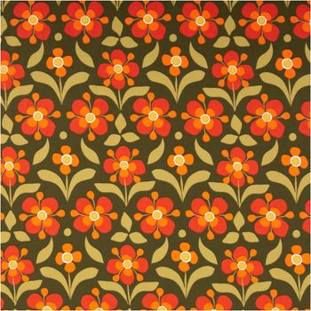 Baumwollstoff Popeline Retro Blumen olivgrün orange 1,50m Breite Baumwollstoff mit Popeline-Qualität, Retro-Blumenmuster in olivgrün, orange und rot, Nahaufnahme des Musters