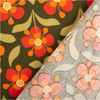 Baumwollstoff Popeline Retro Blumen olivgrün orange 1,50m Breite Baumwoll-Popeline mit Retro-Blumen in Olivgrün und Orange, Vorder- und Rückseite des Stoffes sichtbar