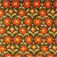 Baumwollstoff Popeline Retro Blumen olivgrün orange 1,50m Breite Baumwollstoff mit Popeline-Qualität, Retro-Blumenmuster in olivgrün, orange und rot, Nahaufnahme des Musters