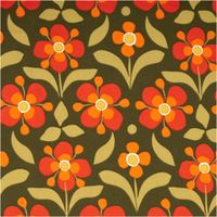 Baumwollstoff Popeline Retro Blumen olivgrün orange 1,50m Breite Olivgrüner Popelinestoff mit großflächigem Blumenmuster in Orange und Rot, florale Motive dicht aneinandergereiht