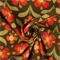 Baumwollstoff Popeline Retro Blumen olivgrün orange 1,50m Breite Popeline aus Baumwolle mit retro Blumen in Olivgrün und Orange, Stoff zur Spirale gedreht
