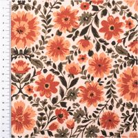 Baumwollstoff Popeline Blumen Ornamente altrosa terracotta grün 1,50m Breite Floral gemusterter Baumwollstoff in altrosa, terracotta und grün, flach ausgelegt mit Maßband am Rand