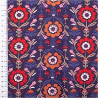 Baumwollstoff Popeline Blumen Ornamente blaulila rot 1,50m Breite Popeline Baumwollstoff mit blau-lila Grund, rot-orangen Blumenornamenten und Maßband am linken Bildrand