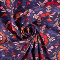 Baumwollstoff Popeline Blumen Ornamente blaulila rot 1,50m Breite Blumenornamente auf Popeline aus Baumwolle, Stoff spiralförmig gedreht, Farben blaulila, rot und orange