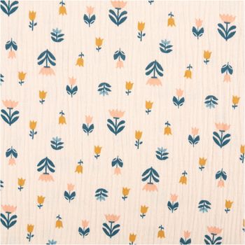 Musselin Stoff Baumwolle bedruckt Tulpen beige petrol rosa 1,30m Breite Musselin Stoff mit kleinen Tulpenmotiven in petrol, beige und rosa vollflächig bedruckt