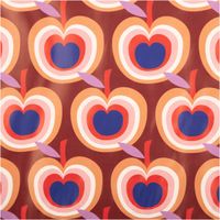 Regenjackenstoff beschichtet wasserabweisend Retro Äpfel braun rosa blau 1,40m Breite Beschichteter Stoff mit Apfelmuster, Braun und Rosa, Nahaufnahme des textilen Retrodesigns