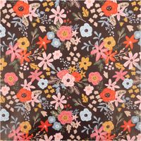 Regenjackenstoff beschichtet wasserabweisend Blumen schokobraun rosa rot 1,40m Breite beschichteter Stoff mit buntem Blumenmuster auf schokobraunem Hintergrund, Nahaufnahme