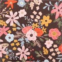 Regenjackenstoff beschichtet wasserabweisend Blumen schokobraun rosa rot 1,40m Breite nahaufgenommener Jacquardstoff mit rosa, gelben und roten Blumen auf braunem Grund