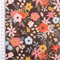 Regenjackenstoff beschichtet wasserabweisend Blumen schokobraun rosa rot 1,40m Breite wasserabweisender Stoff mit großflächigen Blumenmotiven in Rosa, Rot und Gelb auf braunem Grund, mit Maßband
