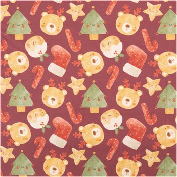 Baumwollstoff Popeline Digitaldruck Weihnachten Teddybären Tannenbäume bordeaux grün 1,50m Breite Popeline Baumwollstoff bordeaux mit Weihnachtsmotiven wie Bären, Tannenbäumen, Zuckerstangen und Nikolausmützen
