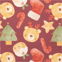 Baumwollstoff Popeline Digitaldruck Weihnachten Teddybären Tannenbäume bordeaux grün 1,50m Breite Weihnachtsstoff mit Teddybären, Tannenbäumen und Zuckerstangen auf bordeauxfarbenem Popeline Baumwollstoff