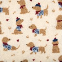Teddystoff Jacquard Teddyplüsch Dackel Hunde creme braun blau 1,6m Breite cremefarbener Teddystoff mit braunen Dackel-Motiven und blauen, roten Details als Muster in Nahaufnahme