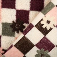 Detail von Jacquard Teddyplüsch mit Karo und geblümtem Muster in bordeaux, rosa, creme und grün, Vorder- und Rückseite