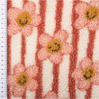 Jacquard Teddyplüsch mit gelben lachenden Blumen auf cremefarbenem Grund und korallfarbenen Streifen, Maßband links