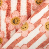 Beidseitig gezeigter Jacquard Teddystoff mit Streifen in Koralle und rosa gelben Blumen, Vorder- und Rückseite sichtbar