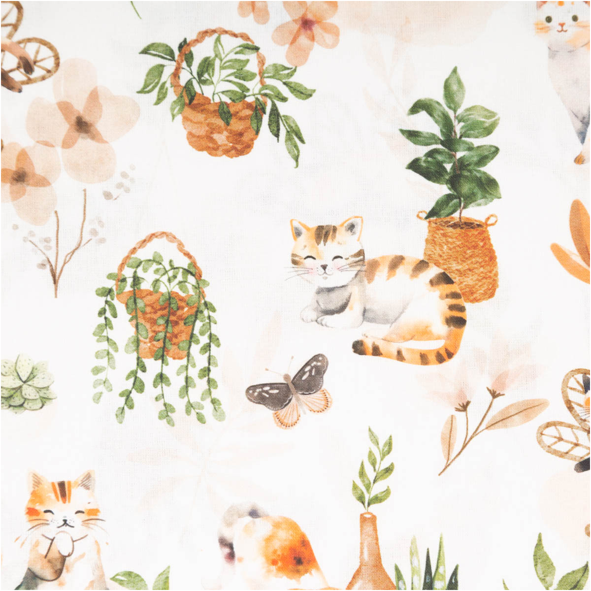 Baumwollstoff Popeline Digitaldruck Siamois Katzen Zimmerpflanzen beige grün 1,50m Breite Popeline in beige mit Katzen, grünen Pflanzen und Schmetterling als Detailausschnitt