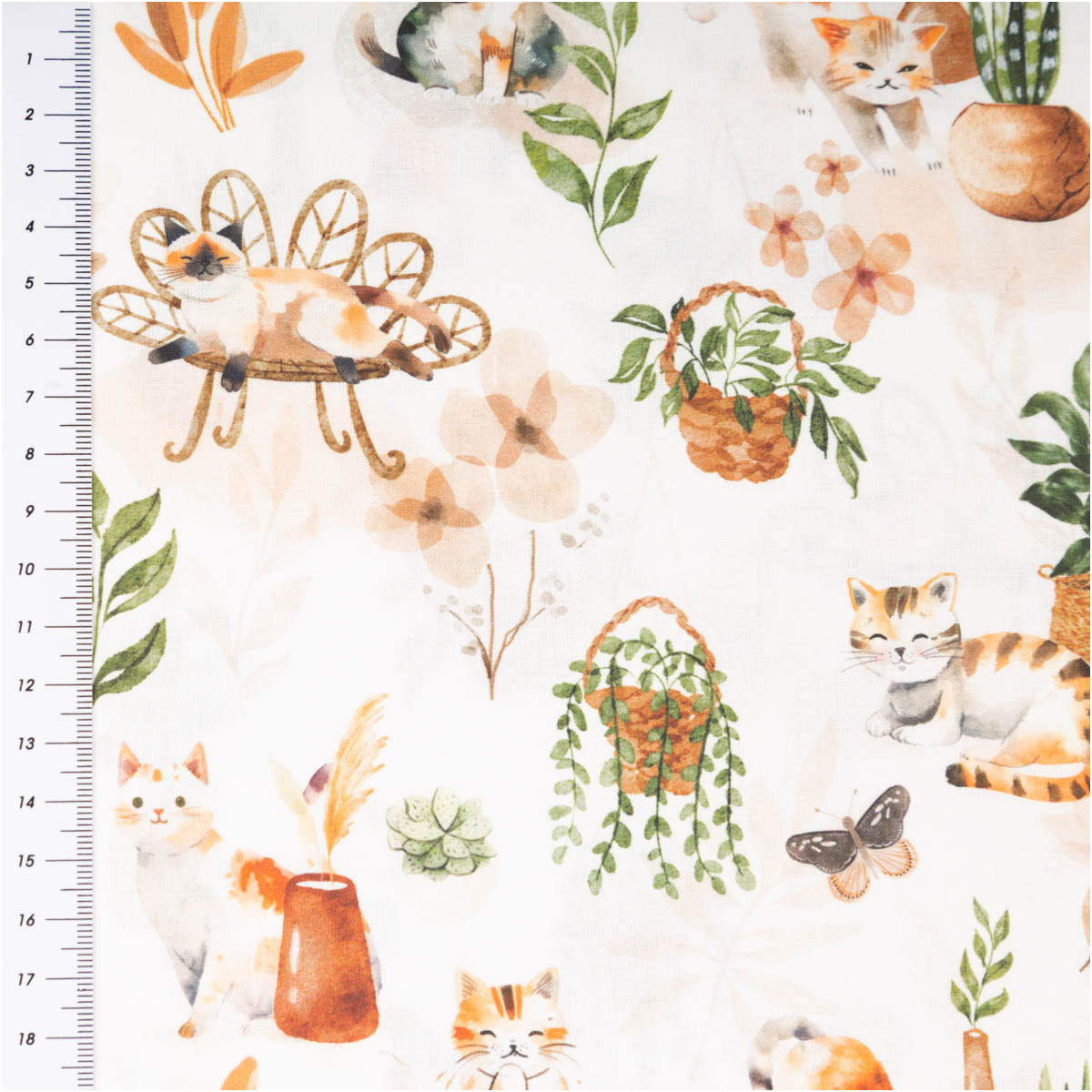 Baumwollstoff Popeline Digitaldruck Siamois Katzen Zimmerpflanzen beige grün 1,50m Breite Baumwollpopeline mit Katzen und Pflanzen, Naturtöne, Muster mit Lineal für Größendarstellung