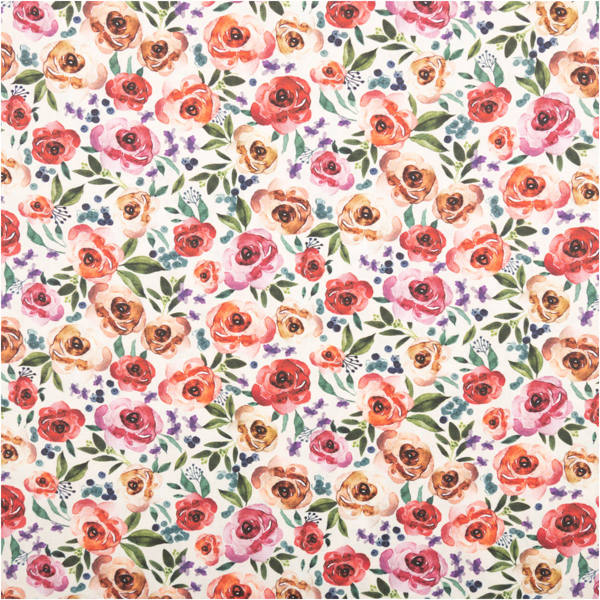 Baumwollstoff Popeline Digitaldruck Honorine Rosen Aquarell rosa rot 1,50m Breite Baumwollstoff mit Aquarellrosen in Rosa und Rot, florales Motiv, ausgebreitet fotografiert