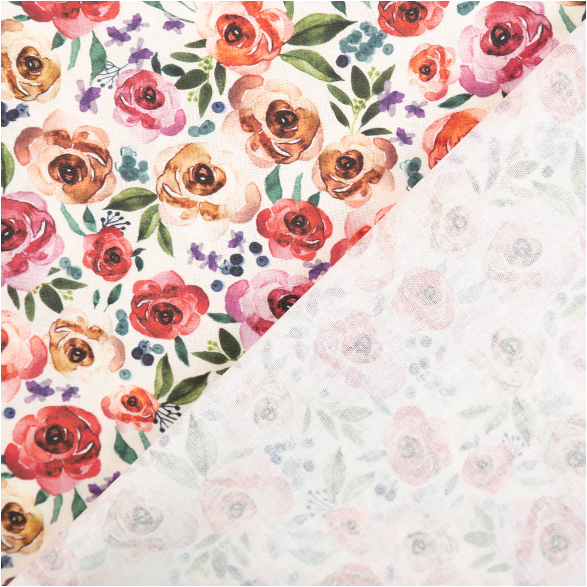 Baumwollstoff Popeline Digitaldruck Honorine Rosen Aquarell rosa rot 1,50m Breite Vorder- und Rückseite von Popeline Baumwollstoff mit rosa und roten Aquarellrosen, florales Muster diagonal gefaltet