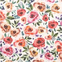 Baumwollstoff Popeline Digitaldruck Honorine Rosen Aquarell rosa rot 1,50m Breite Popeline Stoff mit floralem Aquarellmuster in Rosa und Rot, Nahaufnahme der bedruckten Baumwolle