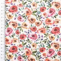 Baumwollstoff Popeline Digitaldruck Honorine Rosen Aquarell rosa rot 1,50m Breite Nahaufnahme von Popeline Baumwollstoff mit Rosen und Blättern in Rosa, Rot und Grün, links mit Maßband