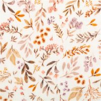 Musselin Stoff Baumwolle bedruckt Ivina Blätter Blüten flieder grün 1,30m Breite Nahaufnahme von Musselin Baumwollstoff mit floralen Motiven in Flieder- und Grüntönen