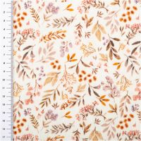 Musselin Stoff Baumwolle bedruckt Ivina Blätter Blüten flieder grün 1,30m Breite Musselin Stoff mit floralen Blättermotiven in flieder, grün und orange, flach ausgebreitet mit Maßband